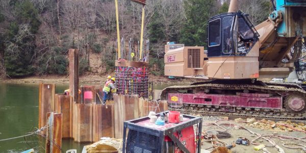 Drilling a drilled shaft at Hunter's Station Bridge in Tionesta, Pennsylvania