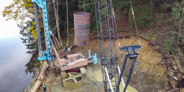 Aerial shot of a bridge construction at Hunter's Station Bridge in Tionesta, Pennsylvania