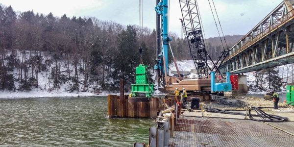 Workers drilling a drilled shaft at Hunter's Station Bridge in Tionesta, Pennsylvania