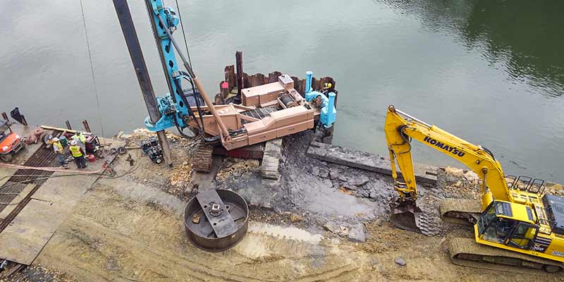 Aerial shot of a drilled shaft construction at Hunter's Station Bridge in Tionesta, Pennsylvania