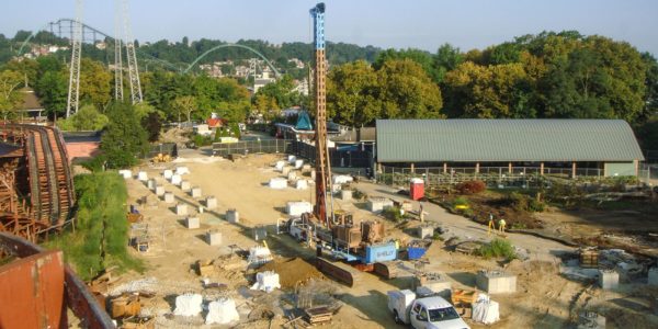 Drilling caissons for Kennywood's Steel Curtain Rollercoaster - aerial view
