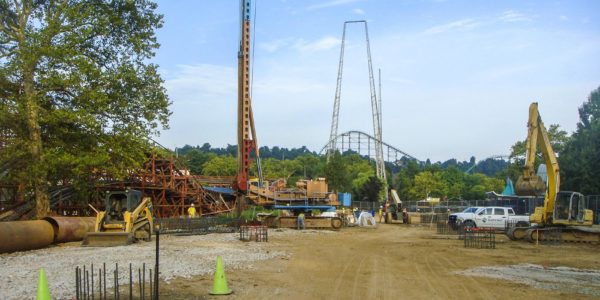 Drilling caissons for Kennywood's Steel Curtain Rollercoaster - ground view
